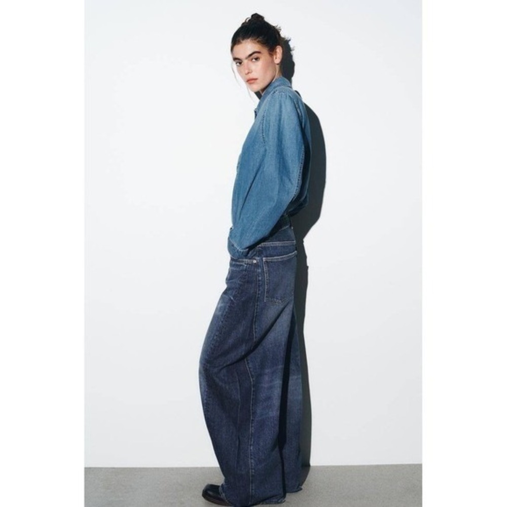 Zara Two Tone Barrel Leg Jeans High Waisted Wide Leg Blue Denim Sz 34 - Picture 5 of 13